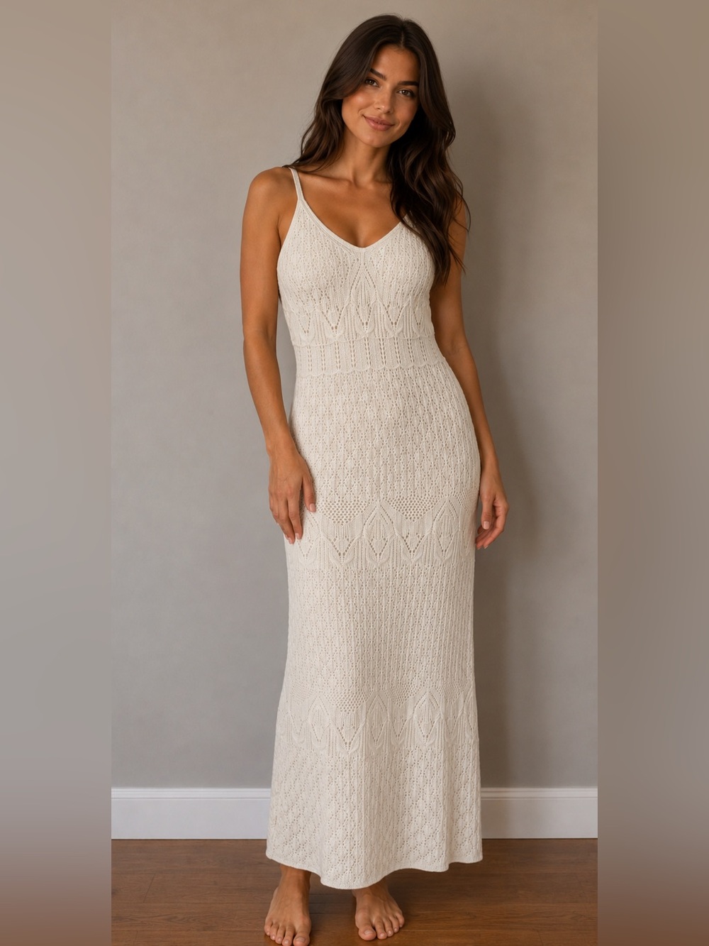 Freshman 1996 Boho Cream Crochet Knit Cottagecore Sleeveless Maxi Dress Medium
